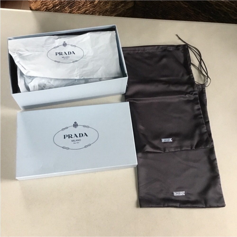 PRADA EMPTY SHOE BOX NO SHOES 2- DUST BAGS W/CARD TISSUE LOGO PRINTED AS FOLD